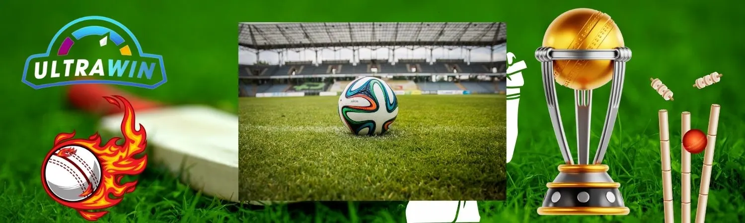 Sports field background with bat, soccer ball, trophy, and stumps hit by ball featuring UltraWin logo