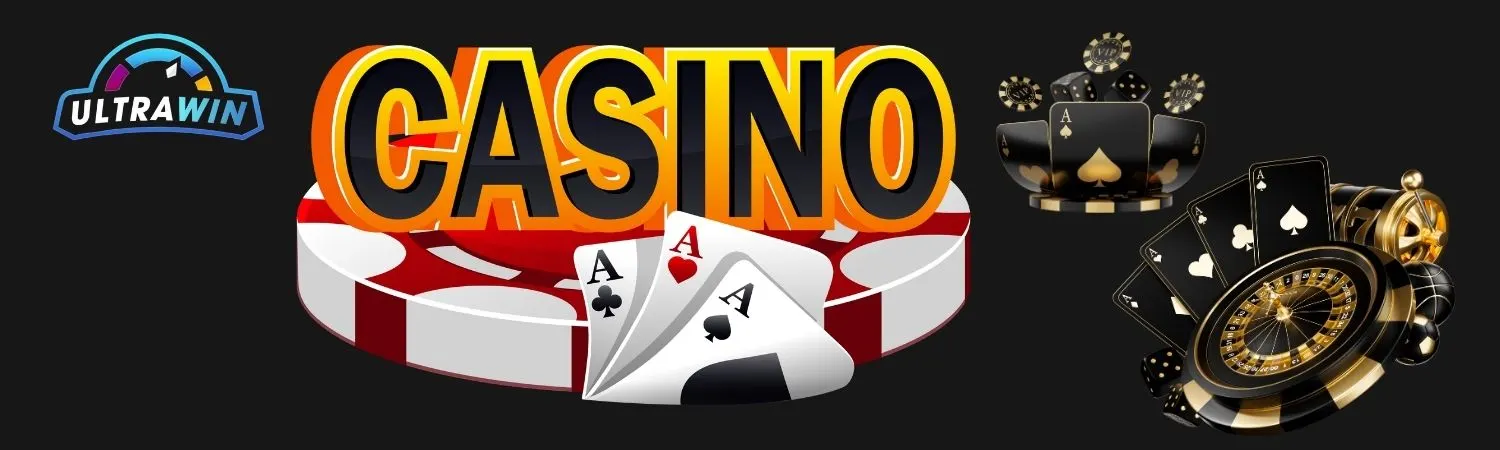 Casino text on large coin with A’s cards, gold-black themed playing cards, roulette, and dice showcasing luxury gaming on UltraWin
