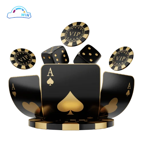 Gold and black themed playing cards, dice, and coins highlighting premium casino games on UltraWin