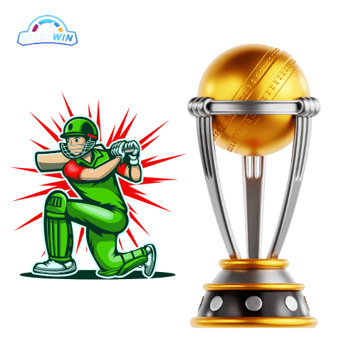 Cricket player in action with trophy beside symbolizing major cricket betting events on UltraWin