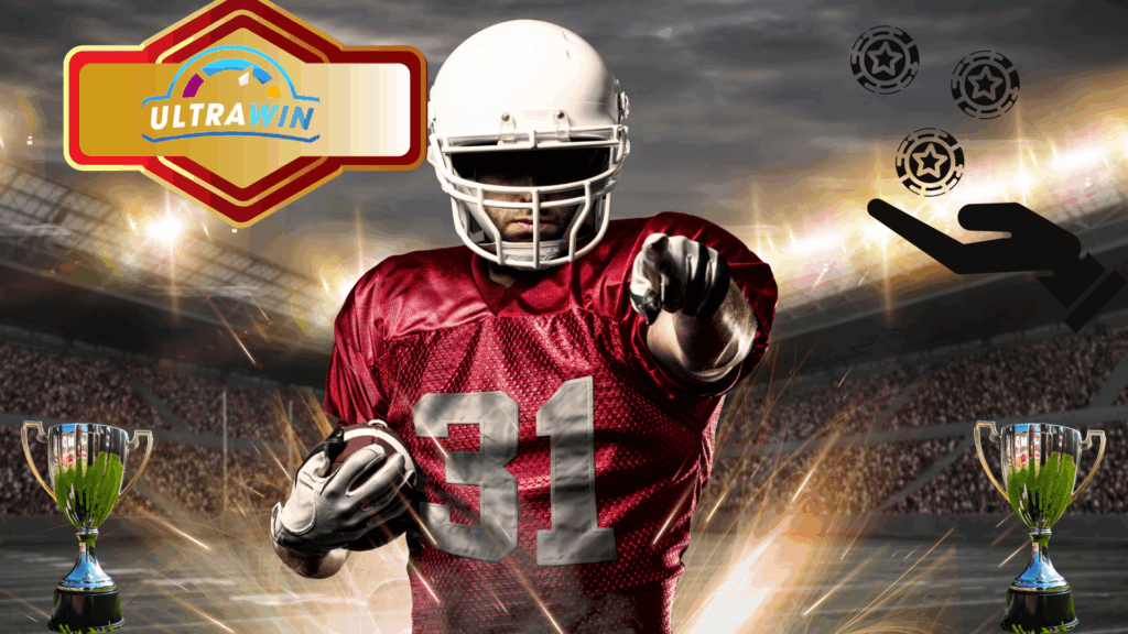 Ultrawin official platform promotional image showing a football player pointing forward with trophies and Ultrawin logo in a stadium background