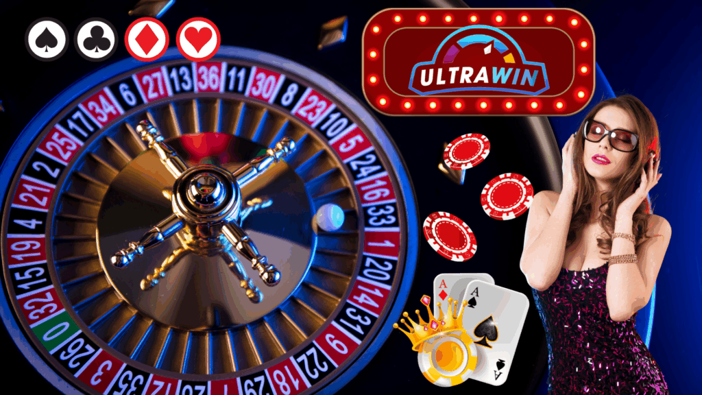 Ultrawin digital interface concept with roulette wheel, colorful game icons, and a stylish model symbolizing premium entertainment.