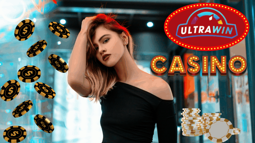 A woman standing confidently beside floating digital coins and the UltraWin logo, with bright lights and a modern background.