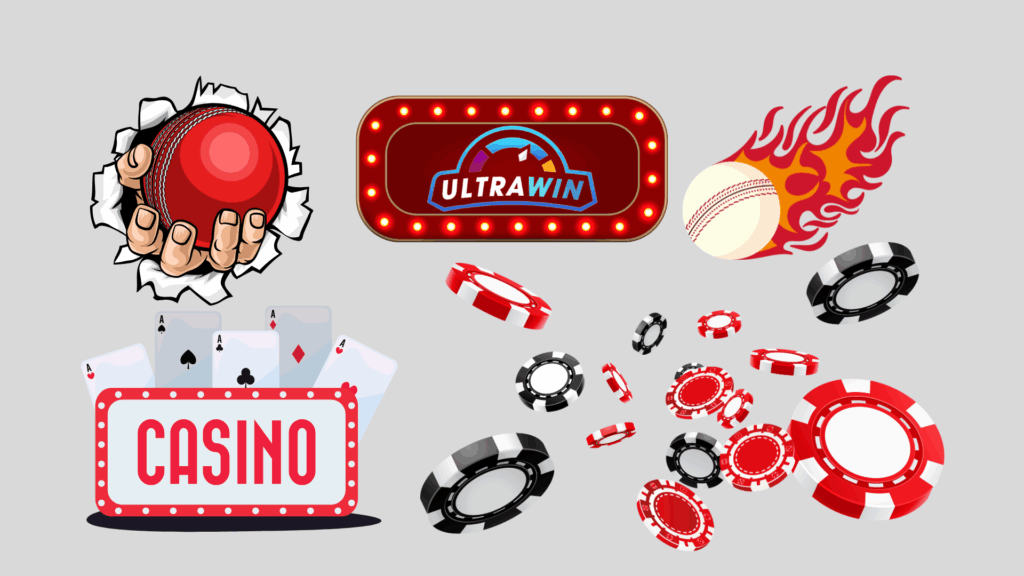 A promotional Ultrawin-themed digital graphic featuring a glowing red Ultrawin logo, a hand holding a cricket ball, flying poker chips, flaming cricket ball, and playing cards symbolizing gaming excitement and technology.