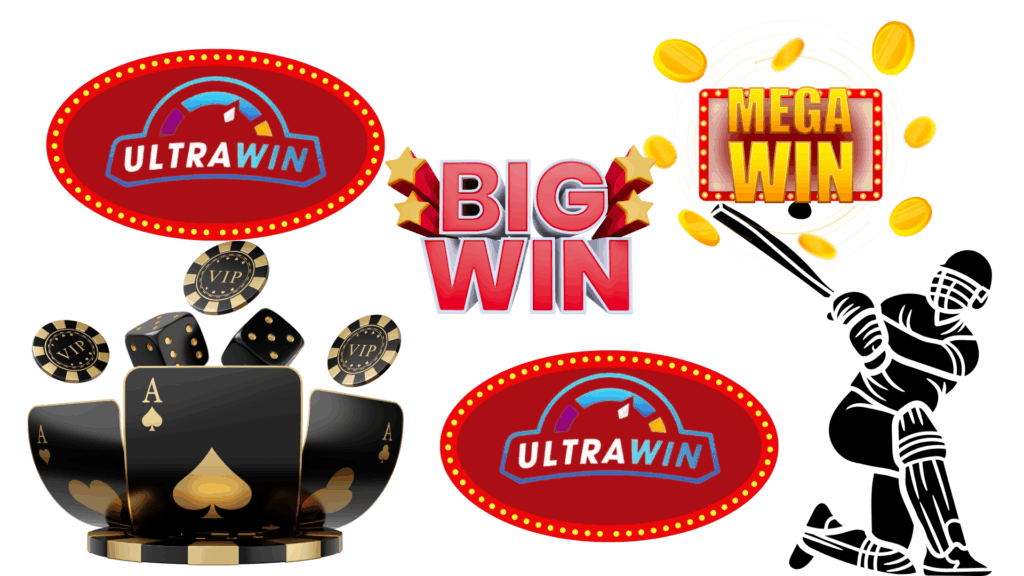 A collage-style graphic featuring Ultrawin logos, “BIG WIN” and “MEGA WIN” banners, gold coins, VIP chips, black-and-gold playing cards with dice, and a silhouette of a cricket player in action.