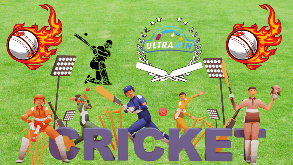 3D animated cricket players on a green field with bats, helmets, wickets, and a glowing UltraWin logo at the center. Fiery cricket balls, stadium lights, and bold “CRICKET” text highlight excitement and energy.