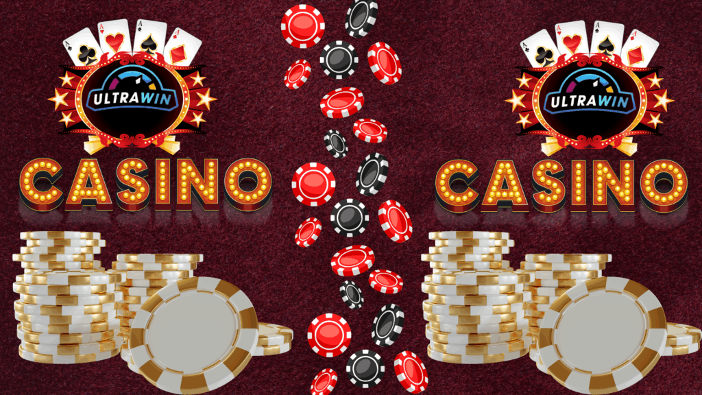 Ultrawin logo with shining casino chips, red and black poker tokens, and glowing “CASINO” lights on a velvet red background.